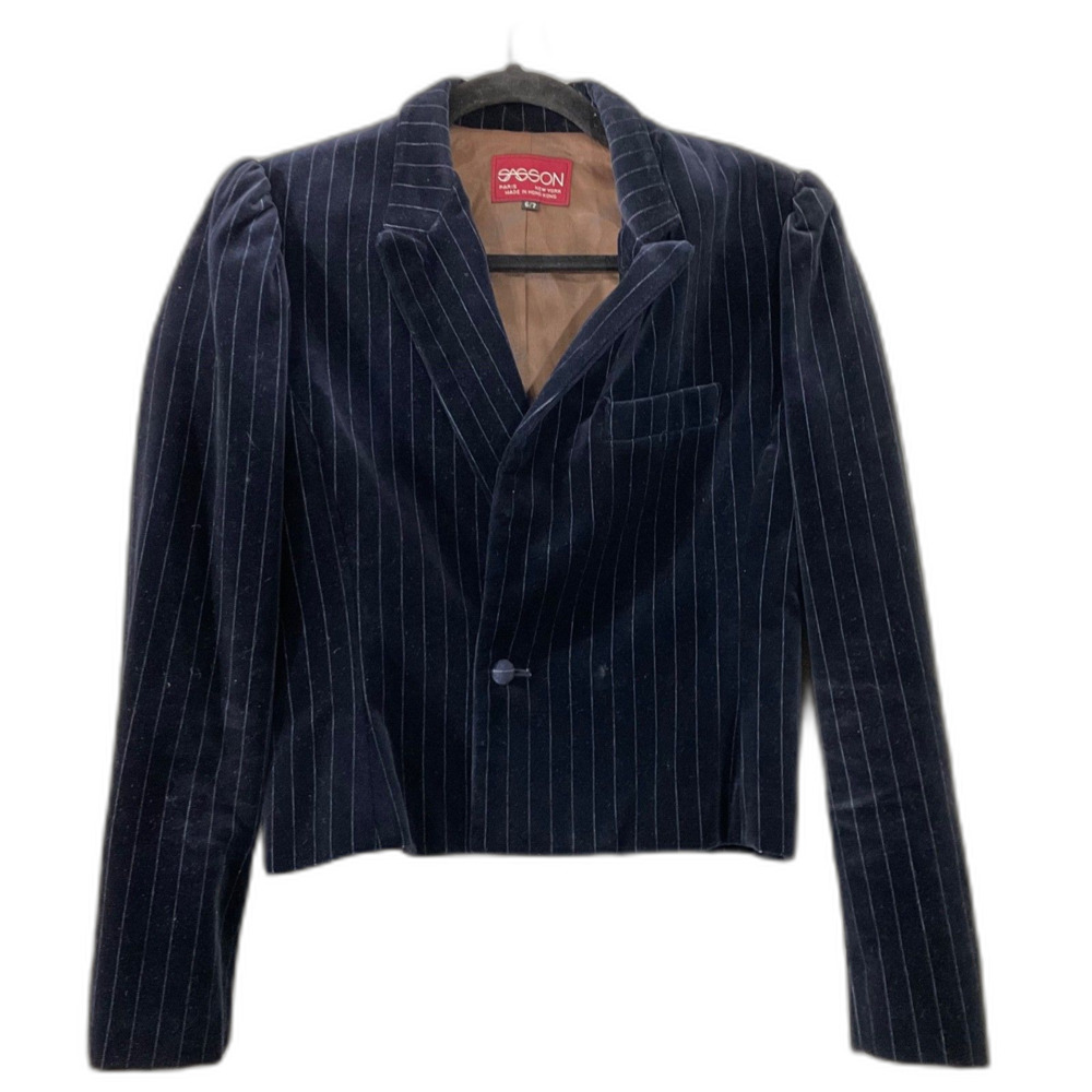 Sasson Vtg. Y2K Velvet Jacket Whimsygoth Fairy Size 6/7 Navy pin stripes cropped